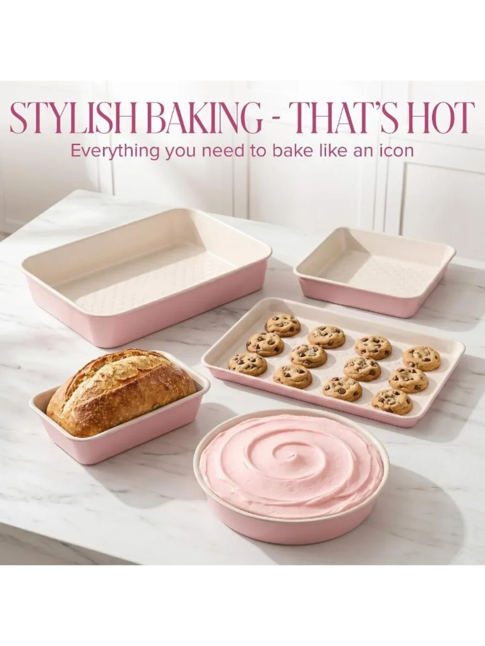 Nonstick Heart Pattern Bakeware Set - 5-Piece Heavy Duty Carbon Steel Pans, Pink